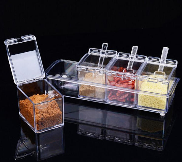 STUTI WORLD_ Crystal Seasoning Box Seasoning Rack Spice Pots Crystal  Seasoning Acrylic Box Pepper Salt Spice Rack Plastic 4 Box with Spoons  Kitchen