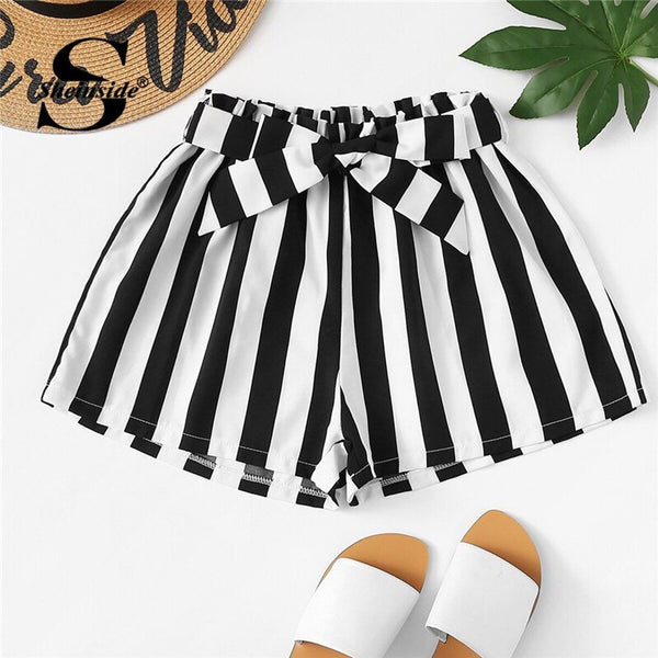 Frill trim tie cheap waist striped shorts