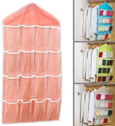 16 Pockets Clear Over Door Hanging Bag Shoe Rack Hanger Underwear Socks Bra  Closet Storage Tidy Organizer (Green) 