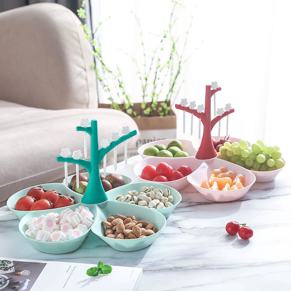 5 Compartments Fruit Serving Tray With Fork Tree Set In Pakistan