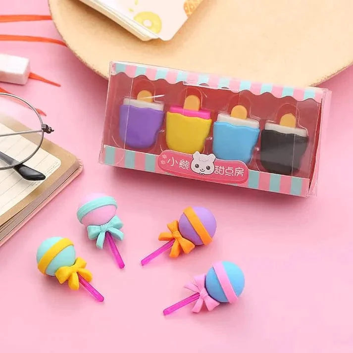 Home Square 4 Pcs Sweet Candy Multicolor Eraser ( Random Design ) In Pakistan