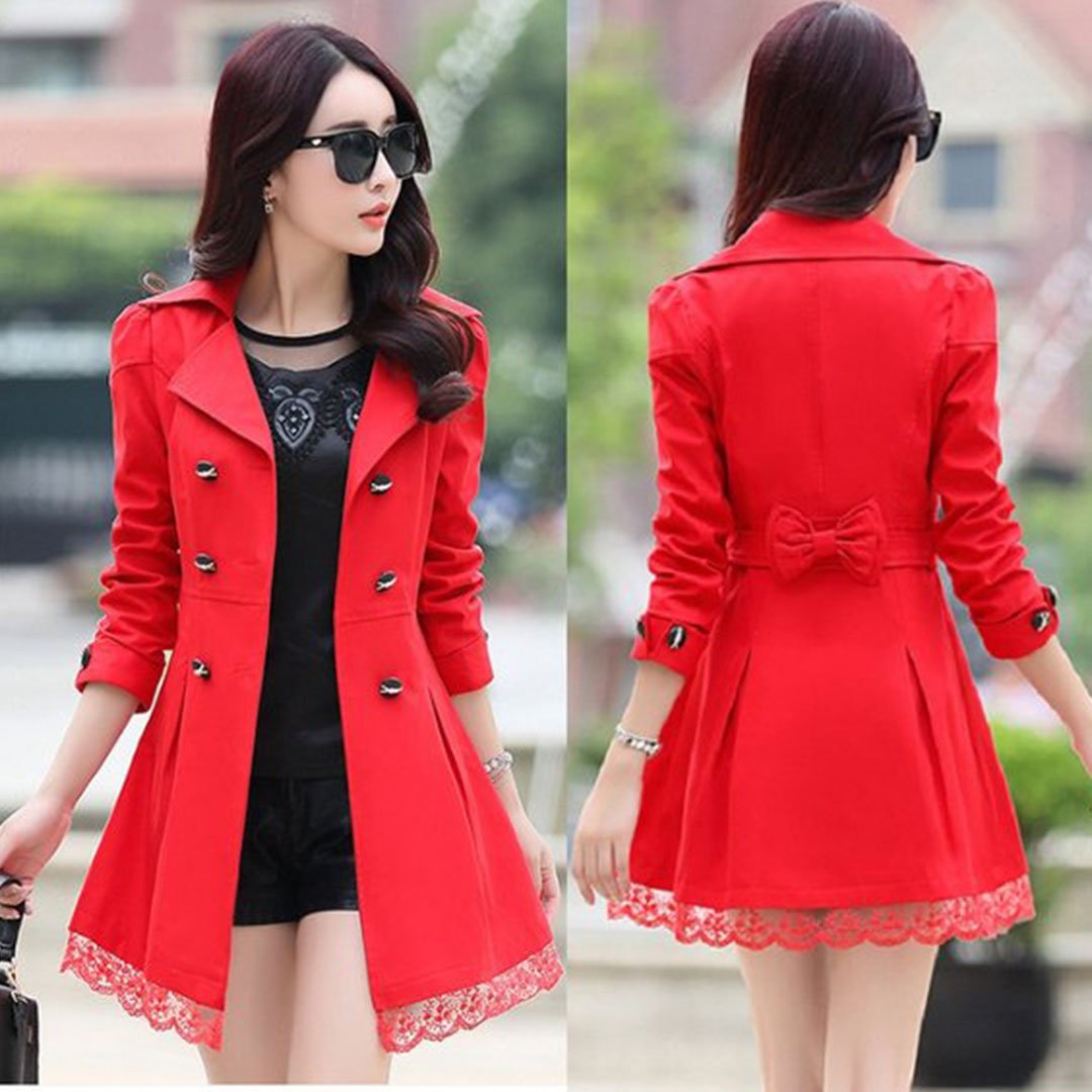Hot Spring and Autumn Long Trench Coat for Women Red In Pakistan