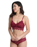 Lace Adjustable Strap Bra & Panty Set - Maroon In Pakistan