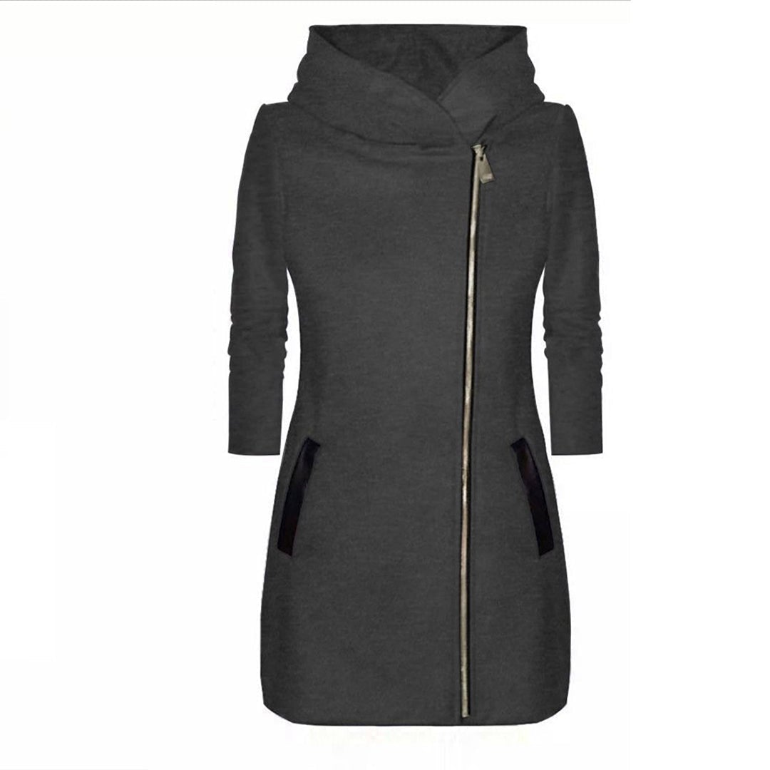Women Coats Fashion Solid Color Zip Up Long Sleeve Hooded Jacket Coat - Grey In Pakistan