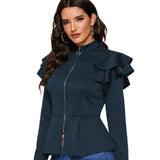 Zip-up Ruffle Trim peplum jacket For Women - Navy In Pakistan