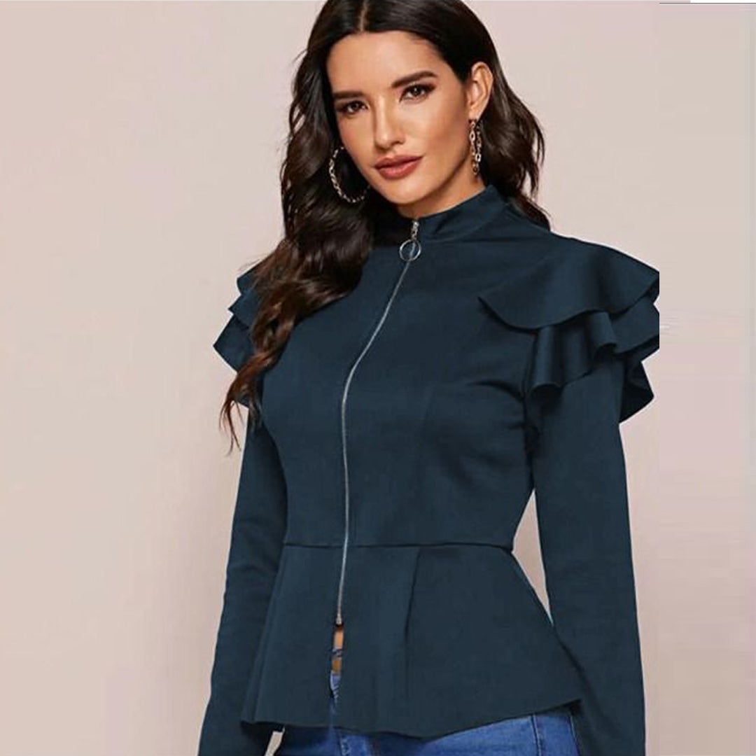 Zip-up Ruffle Trim peplum jacket For Women - Navy In Pakistan
